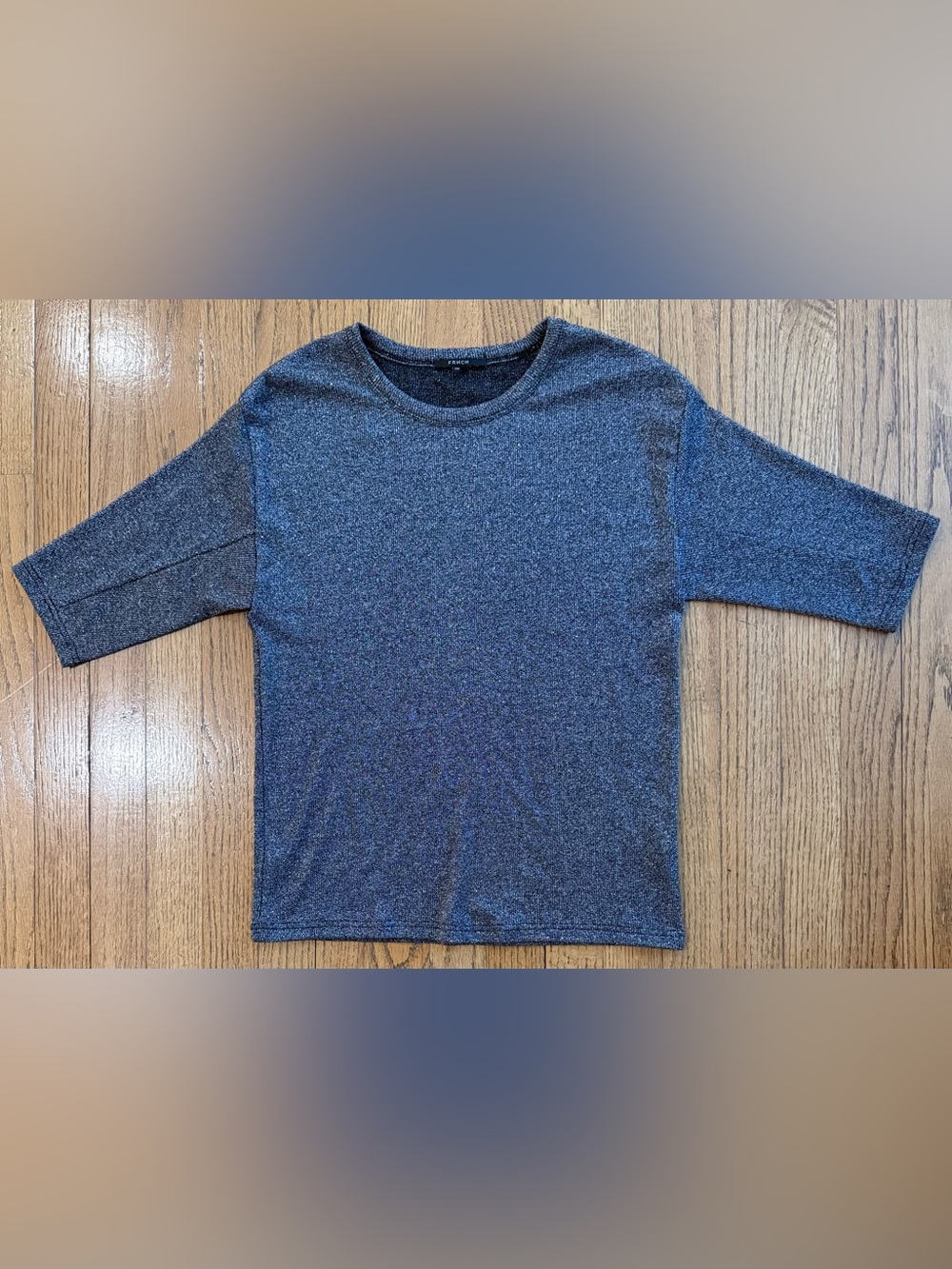 FRNCH Metallic Knit Sweater Top Silver Blue Sparkle Short Sleeve Small